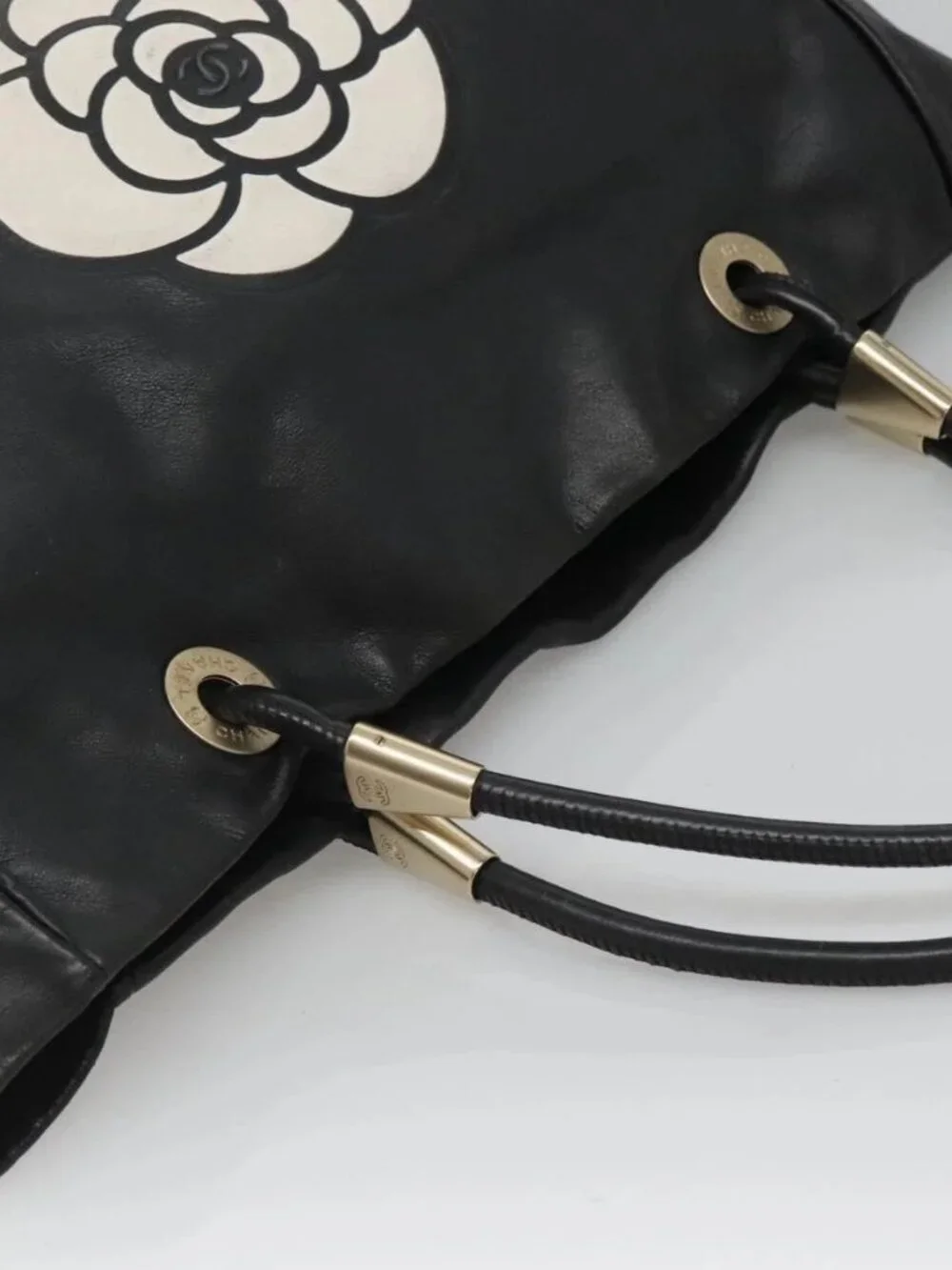 CHANEL Camelia Tote Bag Lamb Skin Black CC Auth BA841